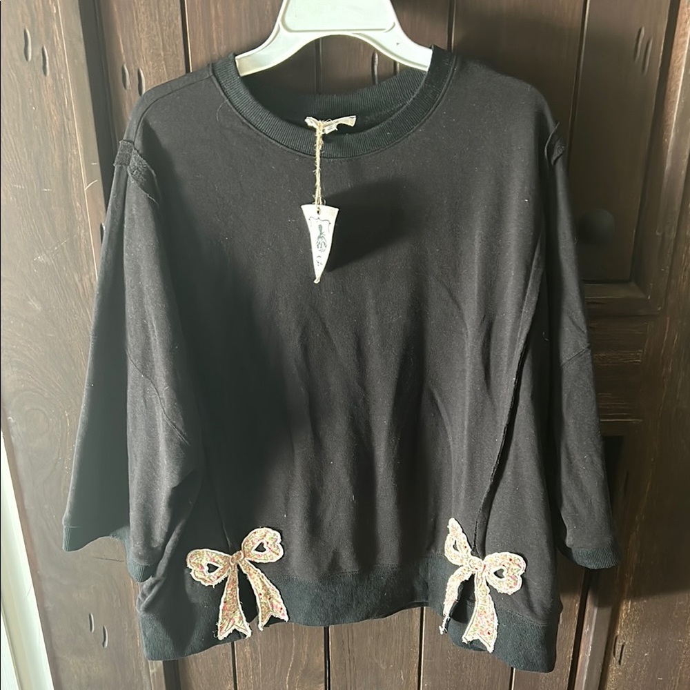 Black Sweatshirt with Floral Bow Appliqués